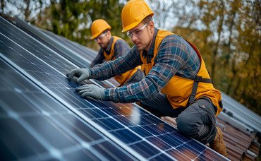 Technicians installing solar panels on a roof in a smart home project on Phuket. Техники устанавливают солнечные панели на крыше в проекте умного дома на Пхукете.