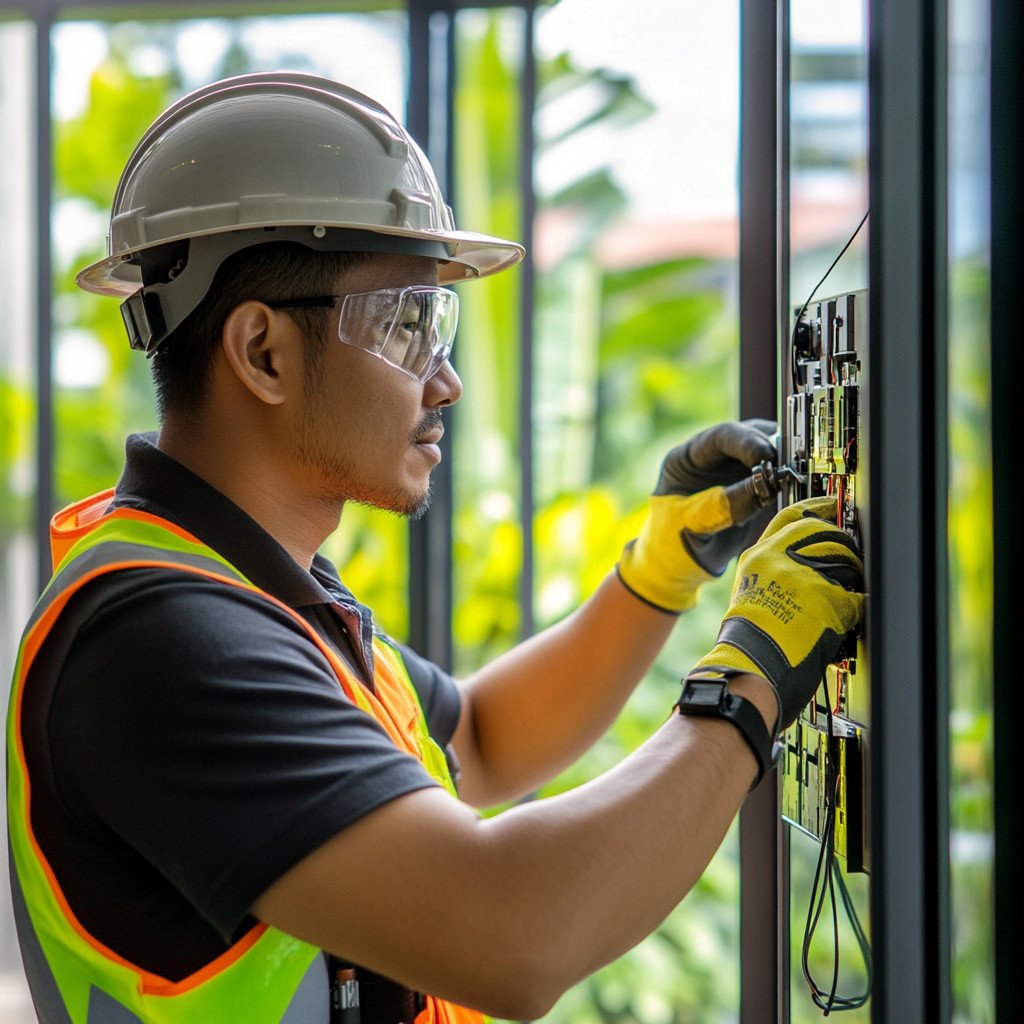 KNXTH.COM electrician setting up a smart home system in Phuket Электрик KNXTH.COM настраивает систему умного дома на Пхукете