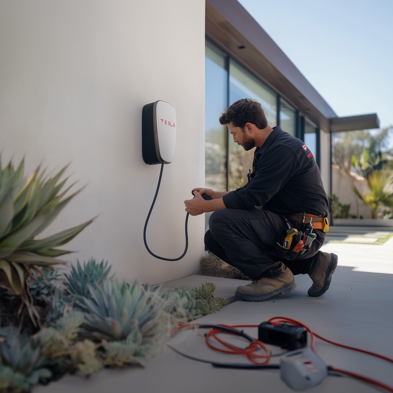 KNXTH.COM technician installing a home electric car charger Техник KNXTH.COM устанавливает домашнее зарядное устройство для электромобиля